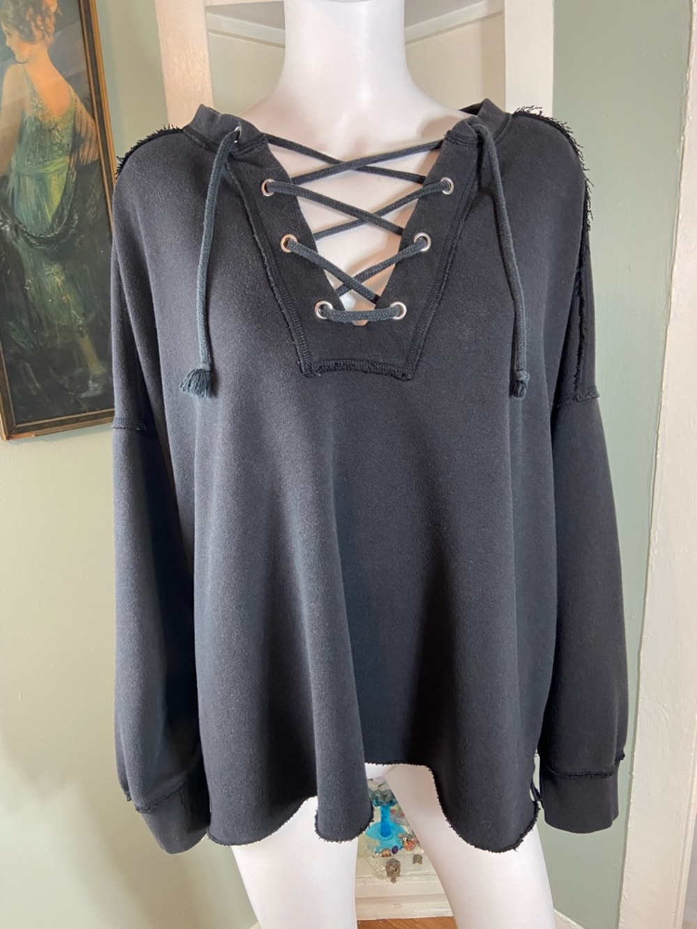 Aerie XXL Black Lace-Up French Terry Sweatshirt Cropped Oversized XXLarge Womens